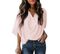 Minetom Camicia Magliette Donna Estiva Top in Chiffon A Maniche Corte 3/4 Manicotto Scollo A V Drappo Blusa Tinta Unita Top T Shirt Camicetta A Albicocca 38