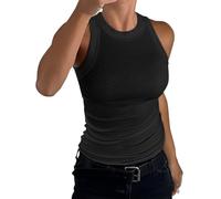 Minetom Canottiera da donna senza maniche, estiva, sexy, con scollo rotondo, tinta unita, basic, slim fit, elegante, a coste, a costine, A nero, S