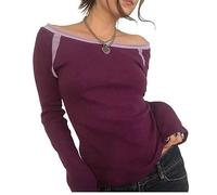 Minetom Crop Top Sexy Donna Maglietta Maniche Lunghe Y2K Tee Top a Collo Quadrato Senza Schienale Slim T Shirt Corto Tinta Unita Casual Streetwear D Viola XS