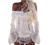 Minetom Donna Estate Sexy Scollo a Barca Manica Lunga Pizzo Maglietta Moda Senza Spalline Camicetta Bluse Shirts Tops Spiaggia Bianco IT 46