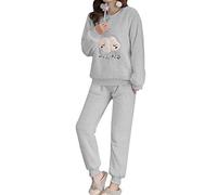 Minetom Donna Lungo Pigiama 2 Pezzi Pigiami Lunghi Autunno Inverno Manica Lunga Morbido Caldo Vello di Corallo Camicia Top e Pantaloni Biancheria da Notte D Grigio 42
