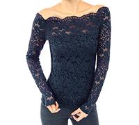 Minetom Donna Sexy Spalla della Rugiada Ricami in Pizzo Elegante Manica Lunga Camicia Senza Spalline Scollatura Tops Blu IT 50