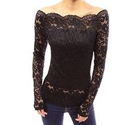 Minetom Donna Sexy Spalla della Rugiada Ricami in Pizzo Elegante Manica Lunga Camicia Senza Spalline Scollatura Tops Nero IT 46