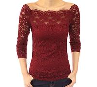 Minetom Donna Sexy Spalla della Rugiada Ricami in Pizzo Elegante Manica Lunga Camicia Senza Spalline Scollatura Tops Vino Rosso IT 48