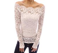 Minetom Donna Sexy Spalla della Rugiada Ricami in Pizzo Elegante Manica Lunga Camicia Senza Spalline Scollatura Tops Bianco IT 42