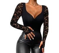 Minetom Maglia da Donna A Maniche Lunghe con Pizzo Senza Spalline Sexy Scollatura Top Basic Camicia in Elasticizzato Primavera E Autunno A Nero 05 L