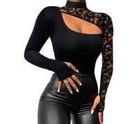 Minetom Maglia da Donna A Maniche Lunghe con Pizzo Senza Spalline Sexy Scollatura Top Basic Camicia in Elasticizzato Primavera E Autunno A Nero 06 S