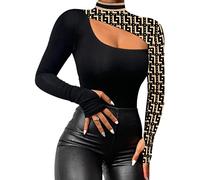 Minetom Maglia da Donna A Maniche Lunghe con Pizzo Senza Spalline Sexy Scollatura Top Basic Camicia in Elasticizzato Primavera E Autunno A Nero 13 S