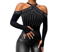 Minetom Maglia da Donna A Maniche Lunghe con Pizzo Senza Spalline Sexy Scollatura Top Basic Camicia in Elasticizzato Primavera E Autunno A Nero 03 S