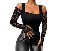 Minetom Maglia da Donna A Maniche Lunghe con Pizzo Senza Spalline Sexy Scollatura Top Basic Camicia in Elasticizzato Primavera E Autunno A Nero 02 L