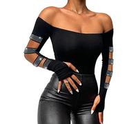 Minetom Maglia da Donna A Maniche Lunghe con Pizzo Senza Spalline Sexy Scollatura Top Basic Camicia in Elasticizzato Primavera E Autunno A Nero 09 L