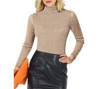 Minetom Maglietta Donna Trasparente Paillettes Scintillante Camicette Collo Alto Manica Lunga Maglie Elegante Camicia Mesh Top Sexy Tunica Bluse Clubwear T-Shirt in Tulle B Cachi M