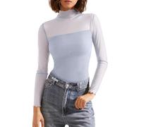 Minetom Maglietta Donna Trasparente Paillettes Scintillante Camicette Collo Alto Manica Lunga Maglie Elegante Camicia Mesh Top Sexy Tunica Bluse Clubwear T-Shirt in Tulle C Grigio M