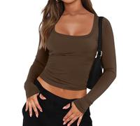 Minetom T-Shirt Donna Y2K Scollo A U Maglietta A Manica Lunga Sexy Crop Top Party Tunica Basic T-Shirt Camicetta Streetwear B Marrone L