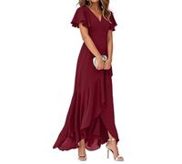 Minetom Vestiti da Cerimonia da Donna Chiffon Scollo A V Linea Ad A con Spacco Stile Impero Abito da Sera con Volant A Maniche Corte Abiti da Damigella A Vino Rosso L