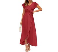 Minetom Vestiti da Cerimonia da Donna Scollo A V Maniche Corte Linea Ad A con Spacco Stile Impero Abito Lungo da Sposa Vestito da Cocktail Damigella d'Onore A Rosso L