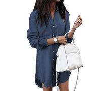 Minetom Vestito da Camicia Jeans Maglia Maglietta Bordo Vestito Abito da Donna Eleganti Estivi Corti Manica Lunga Casuale Ufficio Abiti Mini Dress (IT 44, Marina)