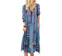 Minetom Vestito Lungo Elegante Donna Cerimonia Abito Manica Lunga Vestiti Ricamo Floreale Scollo a V Vestitini Bohemian Cocktail Boho Maxi Dress Abiti da Spiaggia Sera A Blu L