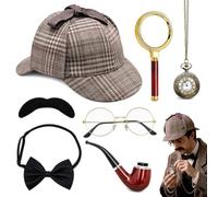 Mineup 7 Pcs Accessori per Costume da Detective, Costume da Sherlock Holmes, Oggetti di Scena per Cosplay da Detective con Cappello, Papillon, Occhiali, Baffi, Ingrandimento, per Cosplay