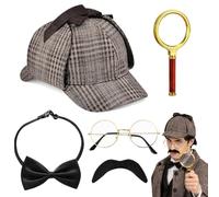 Mineup Accessori per Costume da Detective, Costume da Sherlock Holmes | 5 Pcs Oggetti di Scena per Cosplay da Detective con Cappello, Papillon, Occhiali, Baffi, Ingrandimento, per Cosplay Carneval