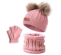 Mineup Bambini Inverno Beanie Cappello Sciarpa Guanti Set, Cappello a Maglia Bambini Invernale per Bambini, Guanti, Sciarpa Cappello, Inverno Berretto Scaldacollo per Ragazze dai 3 agli 8 Anni (Rosa)