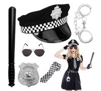 Mineup Costume Poliziotta Accessori, 7 Pezzi Polizia Costume Accessori, Donna Uomo Bambino, con Manette Distintivi Cravatta Occhiali Baton, per Cosplay Carnevale Festa Costume