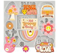 MINFEIDMS Groovy - Stampo in silicone per fondente, stile hippie, a forma di margherita, fungo, auto, boho, arcobaleno, pace e amore, per decorare torte di zucchero, cupcake, cioccolato, caramelle,