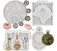 MINFEIDMS Set di 4 stampi in silicone vintage a forma di chiave in stile steampunk, con ingranaggi a forma di ingranaggio, per decorare torte, cupcake, caramelle, cioccolato, pasta di gomma