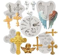 MINFEIDMS Stampi in silicone a forma di ali d'angelo a forma di croce, per battesimo, decorazione di torte, cupcake, caramelle, cioccolato, pasta di gomma, pasta polimerica, set da 5