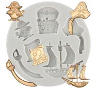 MINFEIDMS Stampi in silicone a tema pirata, nave pirata, barca a vela, scrigno del tesoro, bandiera pirata, cioccolato, fondente, per decorare torte di zucchero, cupcake, pasta di gomma, caramelle,