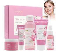 MINGRUO Kit per la Cura della Pelle Sakura da 5 Pezzi, Set per la cura della pelle Sakura, Kit idratante per la cura del regalo da donna, Strumento del viso con estratto di fiori di ciliegio