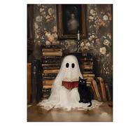 MINGYTN Casa Poster Decorativo Stampa Su Tela, Poster, Dipinto Spettrale E Stravagante, Raffigurante Un Gatto Nero Fantasma In Una Biblioteca, Decorazione Da Parete Per La Casa(50x70cm)