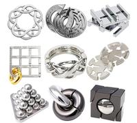 MINGZE Set di 9pz in Metallo Giocattoli Educativi IQ Test Puzzle, Metal Wire Puzzle Rompicapo Perfetto Classico Giocattolo Educativo Intelligenza per Adulti e Bambini-Argentato