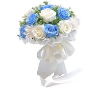 MINGZHE Bouquet da Sposa per la Sposa, Fiori di Rose Artificiali, Bouquet da Sposa per Damigella D'onore, Bouquet da Sposa, Decorazione per Feste in Casa(bianco blu)