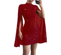 Mini abito aderente da donna scintillante con maniche a mantello in rete trasparente collo a lupetto elegante abiti per feste ritorno a casa cocktail, Rosso, M