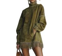 Mini abito autunnale da donna, scollo alto con orlo a frange, patchwork con nappe, vestibilità ampia, abito casual con tasche per feste, Verde, XXL