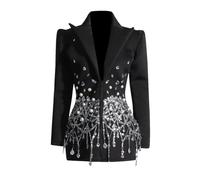 Mini abito blazer da donna con risvolto a punta e paillettes a maniche lunghe con strass patchwork, Nero , M