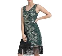 Mini abito da ballo anni '20 con paillettes e nappe, con doppio scollo a V, glamour, da donna, scintillante, attillato, verde militare, M