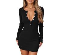 Mini abito da donna a maniche lunghe, effetto maglia a costine, abito aderente aderente con bottoni, elegante e seducente, Stil_d02 Nero, S