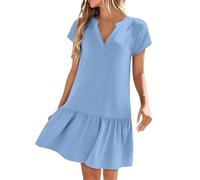 Mini abito da donna a più livelli a maniche corte con scollo a V orlo increspato comodo da indossare per vacanze estive casual da viaggio, blu cielo, S
