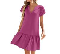 Mini abito da donna a più livelli a maniche corte con scollo a V orlo increspato comodo da indossare per vacanze estive casual da viaggio, Rosa acceso, L