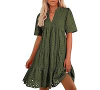 Mini abito da donna a più livelli con orlo a volant cavo con scollo a V manica corta leggero per vacanze estive casual da viaggio, Verde, XXL
