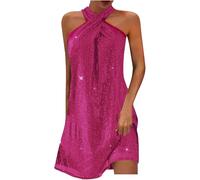 Mini abito da donna con paillettes glitterate, senza maniche, con scollo incrociato, scintillante, per cocktail party, discoteca, Viola, XL