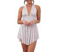 Mini abito da donna con paillettes, senza maniche, schiena scoperta, scollo a V, glitterato, con dettagli increspati, svasato, svasato, svasato, abbigliamento da discoteca, Argento, S