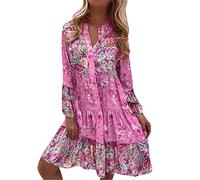 Mini abito da donna con scollo a V floreale, a maniche lunghe, casual, con orlo a balze, leggero e fluido, per tè pomeridiano, brunch indoor, boutique shopping, rosa, L