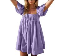 Mini abito da donna, elegante, a pieghe, tinta unita, maniche a sbuffo, abito estivo, a maniche corte, lunghezza al ginocchio, stile boho, a vita alta, per feste, per il tempo libero, viola., M
