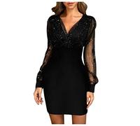 Mini abito da donna elegante per feste, a maniche lunghe, con paillettes, stile retrò, nero, scollo a V, A-linea, per ragazze, mini abito da cocktail, abito da ballo, abito da sera, XXL