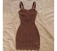 Mini abito da donna in maglia marrone caffè con texture a conchiglie, perfetto per le vacanze estive in stile boho, per una festa in spiaggia, un appuntamento serale, un matrimonio o un evento autunna