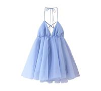 Mini abito da donna senza maniche a vita alta con lacci e orlo plissettato, Blu, L