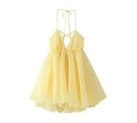 Mini abito da donna senza maniche a vita alta con lacci e orlo plissettato, Giallo, L